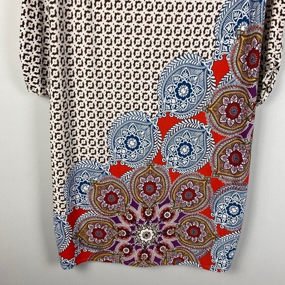 Chicos Printed Ruched-Sleeve Dress Womens 2 US 12 L Floral Ikat Jewel Neckline - Picture 3 of 10